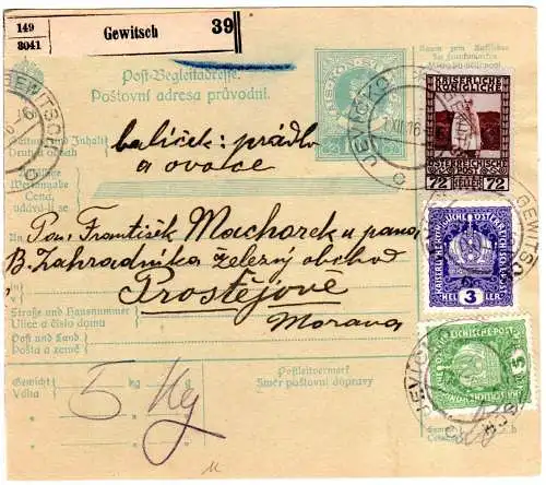 Österreich 1916, 3+5+72 H. auf 10 H. Paketkarte v. Jevicko/Gewitsch