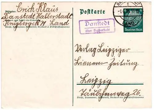 DR 1935, Landpost Stpl. DANSTEDT über Halberstadt auf 6 Pf. Ganzsache.