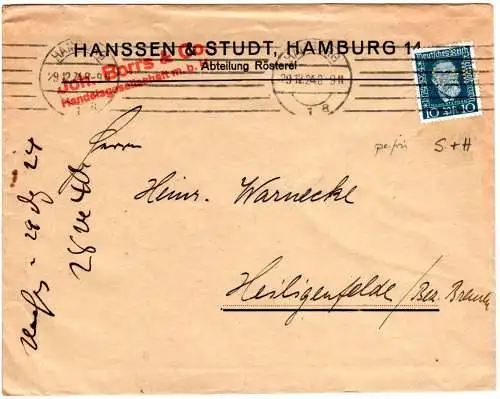 DR 1924, 10 Pf. m. perfin Firmenlochung auf Brief v. Hamburg