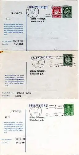 Norwegen 1952/58, 3 v. Arendal n. Blakstad gebr. Stromregning Privat Ganzsachen