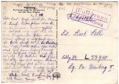 DR 1944, Landpost Stpl. WALDBRUNN über Würzburg auf Feldpost-Karte