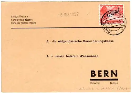 Schweiz 1957, EF 25 C. Dienstmarke, Auslandsverwendung auf Antwortkarte v Singen