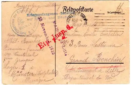 DR 1915, KGF POW Zensur Karte v. Münster i.W. Gefangenenlager n. Frankreich