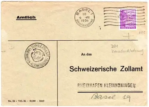 Schweiz 1936, 10 C. Dienst (D 21) m. Kreuzlochung auf Zoll Brief v. Basel