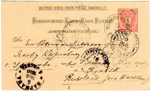 Österreich 1890, 5 Kr. Ganzsache v. Pottenstein Böhmen via Warschau n. Russland