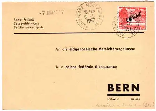 Schweiz 1957, EF 25 C. Officiel Dienstmarke auf Antwortkarte v. Paris n. Bern