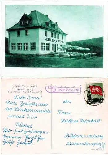 DDR 1953, Landpost Stpl. 15b PASKA über Pößneck auf Hotel Linkenmühle sw-AK