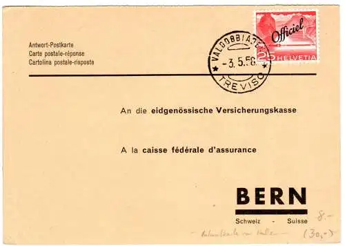 Schweiz 1958, EF 25 C. Officiel Dienstmarke auf Antwortkarte v. Italien