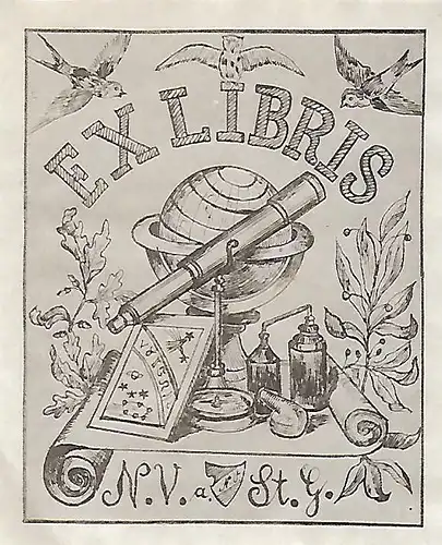 Original Kupferstich Exlibris: N.V. a. St. G., Wissenschaft, Vögel, Eichenlaub