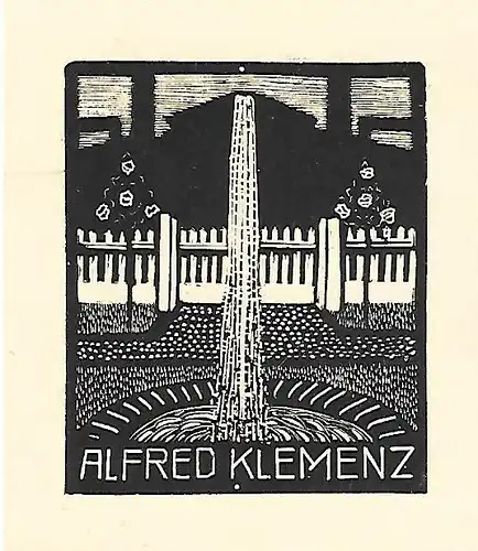 Original Grafik Exlibris: Alfred Klemenz, Springbrunnen, Garten, Rosen, gut