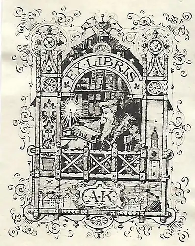 Original Druck Exlibris: A.K.. Wissenschaft, Gelehrter, Alchemie, Bücherei, gut