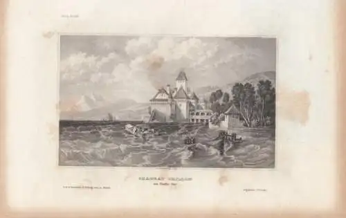 Chateau Chillon am Genfer See. aus Meyers Universum, Stahlstich. Kunstgrafik