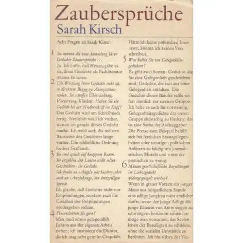 Buch: Zaubersprüche, Kirsch, Sarah. 1973, Aufbau-Verlag, gebraucht, gut