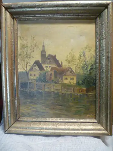 Hans Reif Lahrer Kunstmaler Frühwerk  1913- 2005" Vaihingen an der Enz idyllische Dorfansicht mit Fachwerkhäusern " Ölgemälde auf Lw