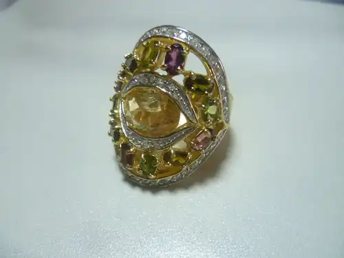 Citrin Turmalin  Weisstopasen voll ausgefasst  Ring 925 massiv Vintage das Top Geschenk Juwelierware aus 1970