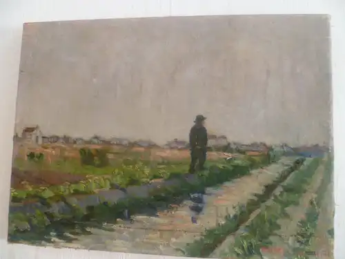 Bamberger F.    " Spaziergänger vor Bachlauf im Hintergrund Dordidylle "  1921 datiert sehr farbenfroh