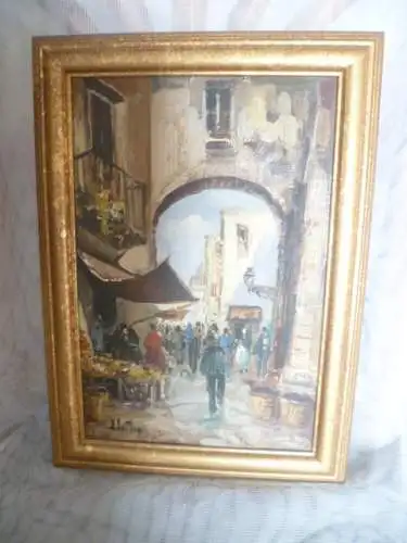 "Belebte Strassenszene in Torino"Gemälde signiert ÖLgemälde auf Malkarton links signiert , um 1970 Jahre gemalt in Galerie Rahmen :36,5 cm x 26,5 cm