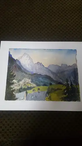 Rote Reiter Rudolf Hirschi 1917- 2001  Umfeld von Tiers  Südtirol Dolomiten idyllische  Dorfansicht mit Bergpanorama Aquarell links signiert um 1950 gemalt