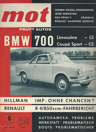 mot 6/1963. Vereinigte Motor-Verlag GmbH Stuttgart: Test BMW 700 LS, Test BMW 700 CS, Test Renault R 4, Zubehör für Fiat 600. 