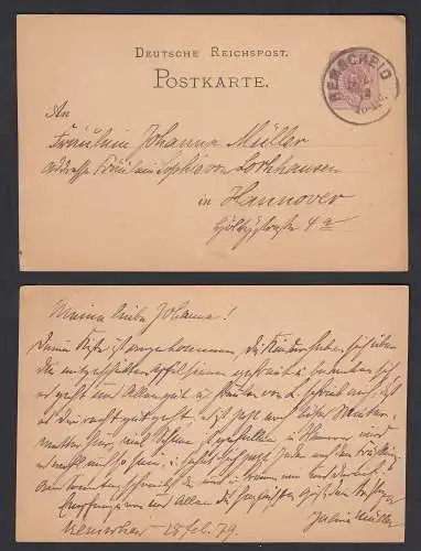 Remscheid Deutsches Reich 1879 5 Pfennige Postkarte Ganzsache nach Hannover