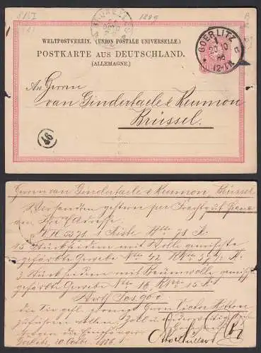 GOERLITZ Deutsches Reich 1886 10Pfennige Postkarte Ganzsache nach Brüssel (32197