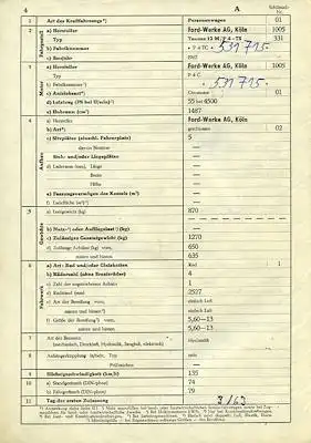 Ford Taunus 12 M P 4C Original Fahrzeugbrief 1963