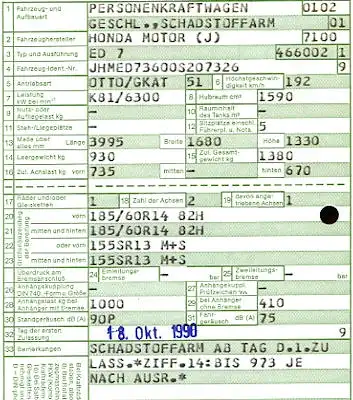 Honda Civic (Typ ED 7) Original Fahrzeugbrief 1990