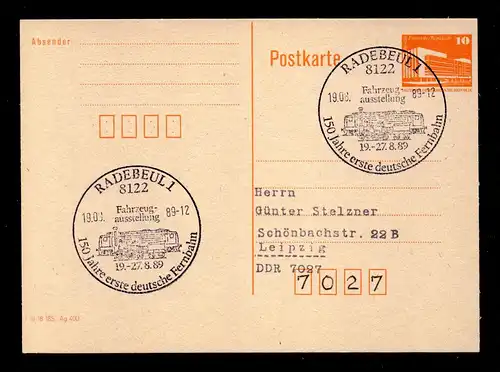 DDR Postkarte - P86 - RADEBEUL - Leipzig - 19.8.89  SST: "125 Jahre deutsche Fernbahn - Fahrzeugausstellung" b