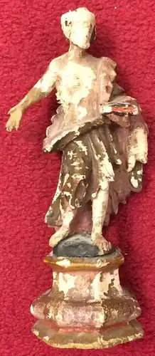 Geschnitzte Heiligenfigur aus Lindenholz, 18. Jahrhundert, stark beschädigt