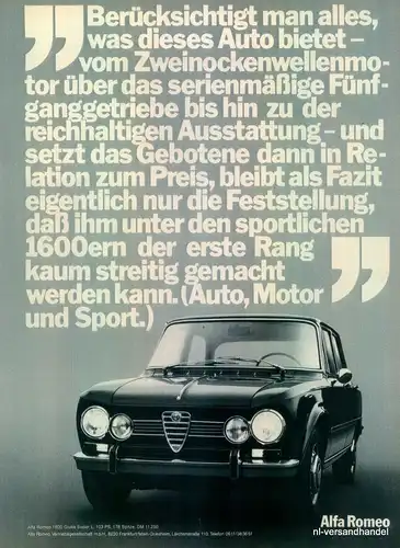 ALFA ROMEO-1600-1971-Reklame-Werbung-genuine Advert-La publicité-nl-Versand