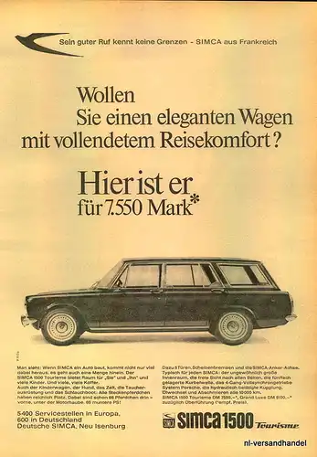 SIMCA-TOURISME-1965-Reklame-Werbung-genuine Ad-La publicité-nl-Versandhandel