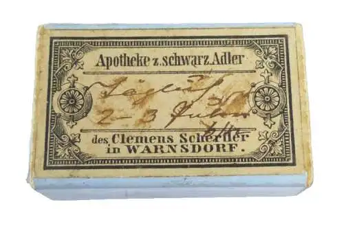 sehr alte Schachtel Pillendose mit Werbung  Clemens Scherfler Warnsdorf Apotheke