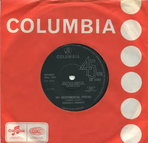 Single Hermans Hermits: My Sentimental Friend (Columbia DB 8563) UK 1969