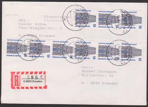 Dresden R-Zettel mit "O" vor PLZ für Verkehrsgebiet Ost, MeF(9) mit 50 Pf. Rollenmke Feiburger Münster, dabei Nr. 0230,5