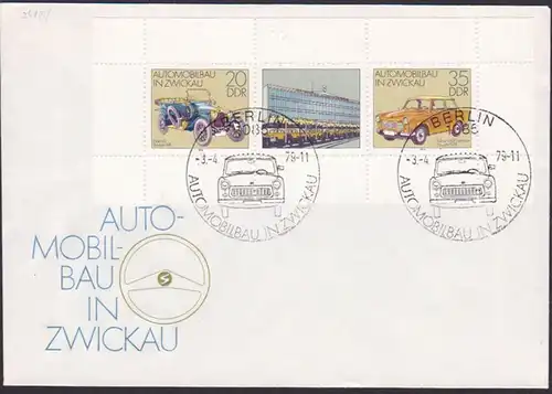 Automobilbau in Zwickau,  DDR FDC 2412/3 Kleinbogen, Horch 8 und Trabant  601S