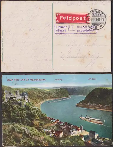 Burg Katz St. Goarsheim Loreley CAK 1915 Feldpost Colmar (Elsass)  P. K."geprüft und zu befördern"