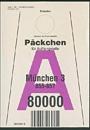 Beutelfahne Dresden München Postinterna BRD Päckchen für auffangstelle unbenutzt