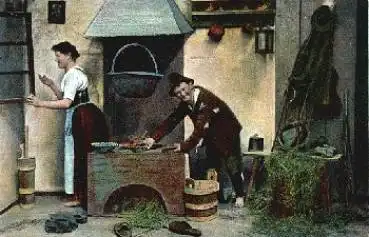Hausarbeit Frau und Mann an Herd o 10.8.1908