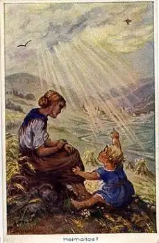 Frau mit Kind "Heimatlos" Künstlerkarte F. Schenkel gebr. 1929