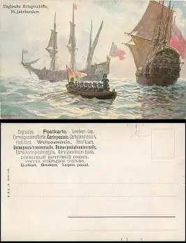 Englische Kriegschiffe 16.Jahrhundert Künstlerkarte sig. Alexander Kircher * ca.1900