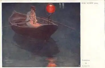 Lampion Künstlerkarte Rob. Schiff Frau in Boot o 15.10.1912