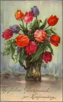 Blumenvase mit Tulpen Kuenstler MG.  gebr. ca. 1930