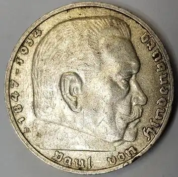 Jäger 0360 - 5 Reichsmark 1936 D Hindenburg Silbermünze