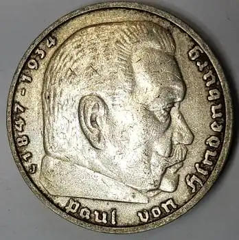 Jäger 0360 - 5 Reichsmark 1936 J Hindenburg Silbermünze