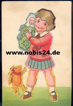 Kind mit Puppe und Teddy Austickbild *ca. 1930