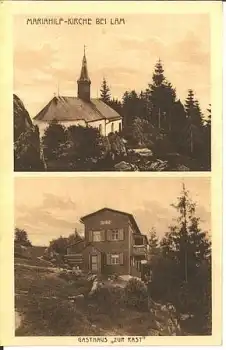 93462 Lam Mariahilf Kirche und Gasthaus "zur Rast" * ca. 1920