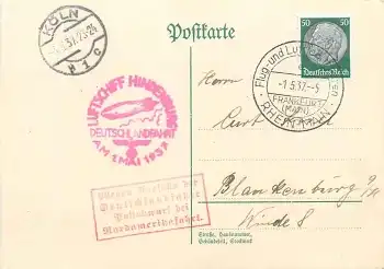 Deutschlandfahrt des Luftschiff Hindenburg Bordstempel mit Zusatzstempel wegen Ausfall Postabwurf bei Nordamerikafahrt 1.5.1937