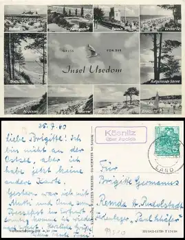99510 Kösnitz über Apolda Landpoststempel auf AK Usedom o 25.7.1960