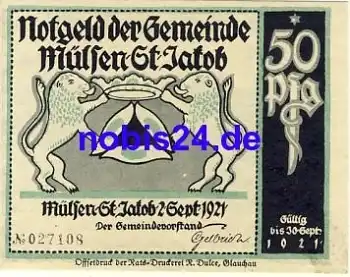 08132 Mülsen St. Jacob Notgeld 50 Pfennige 1921