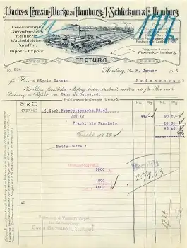 Hamburg Wachs- & Ceresin Werke J. Schlickum & Co. Briefkopf mit Fabrikansicht 1913